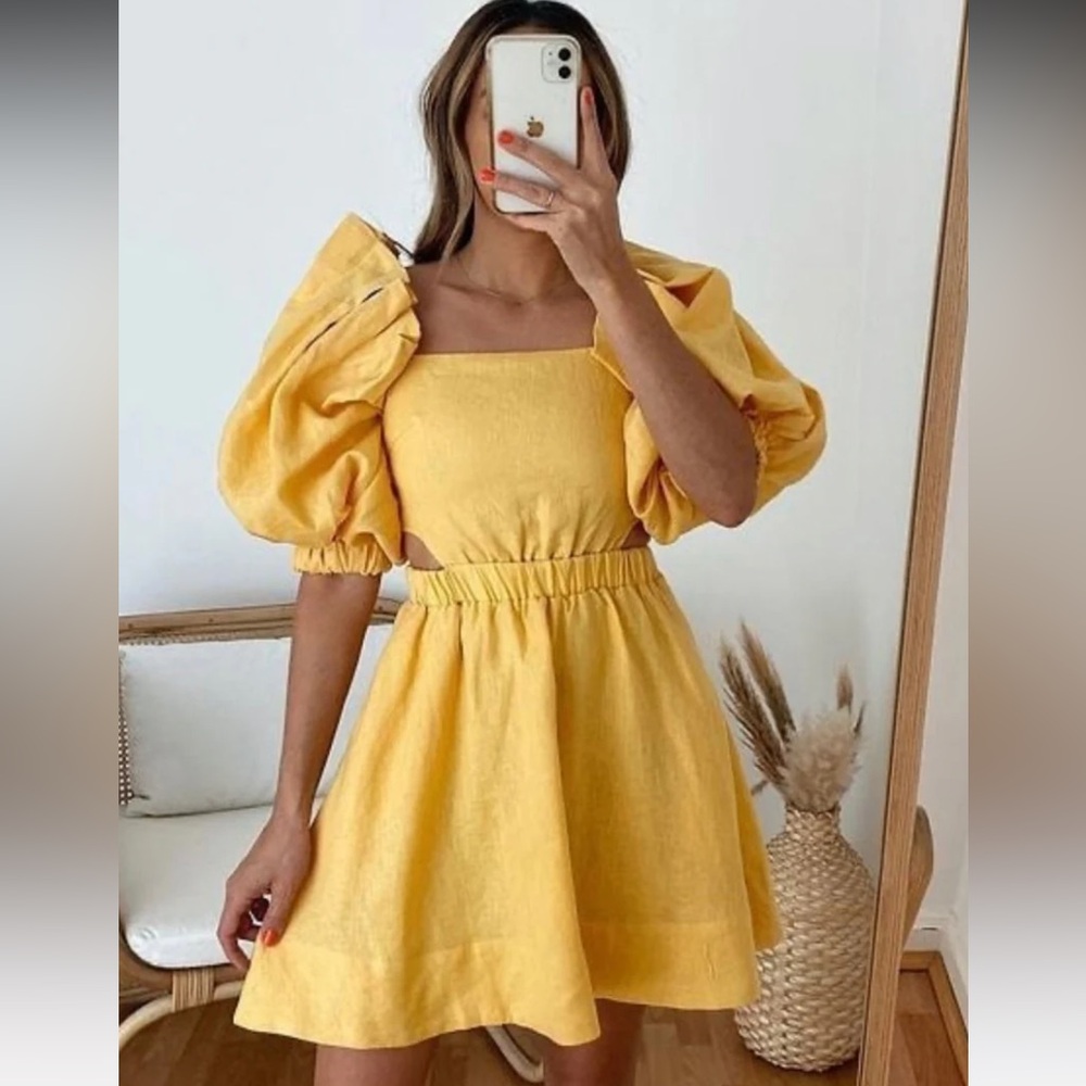 Sovere, yellow puff sleeve mini dress- size XS